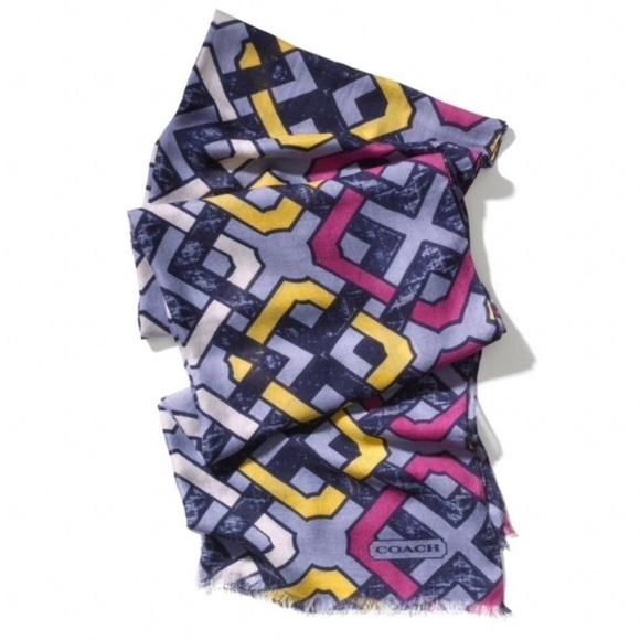 COACH Blue Distressed Lozenge Oblong Scarf - Picture 1 of 6